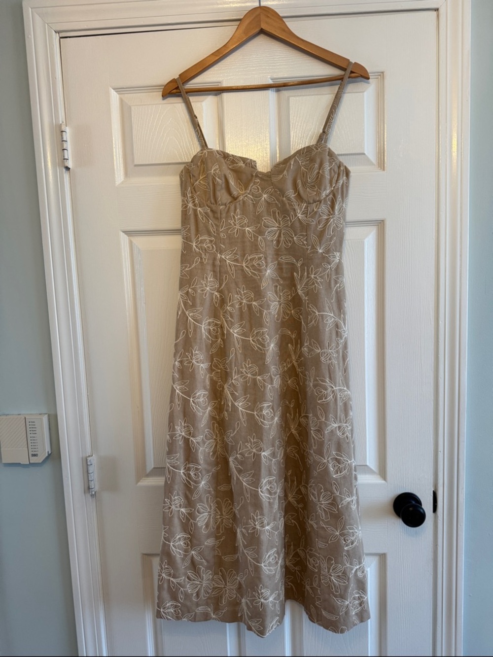 Zara Beige Floral Midi Dress with White Embroidery